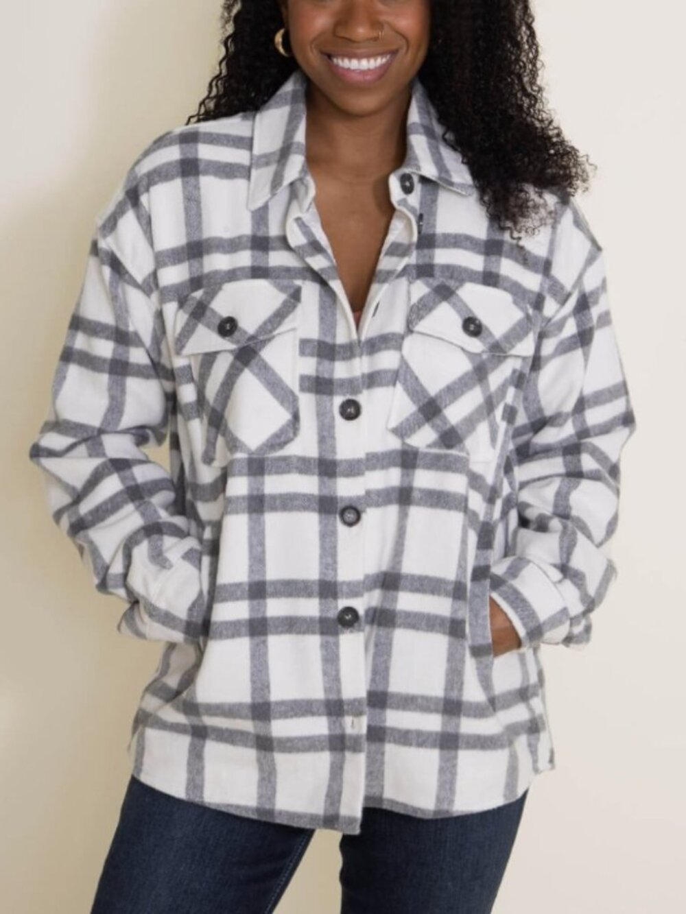 THREAD & SUPPLY Plaid Shirt Jacket, Grey/Ivory, Women's Size Large